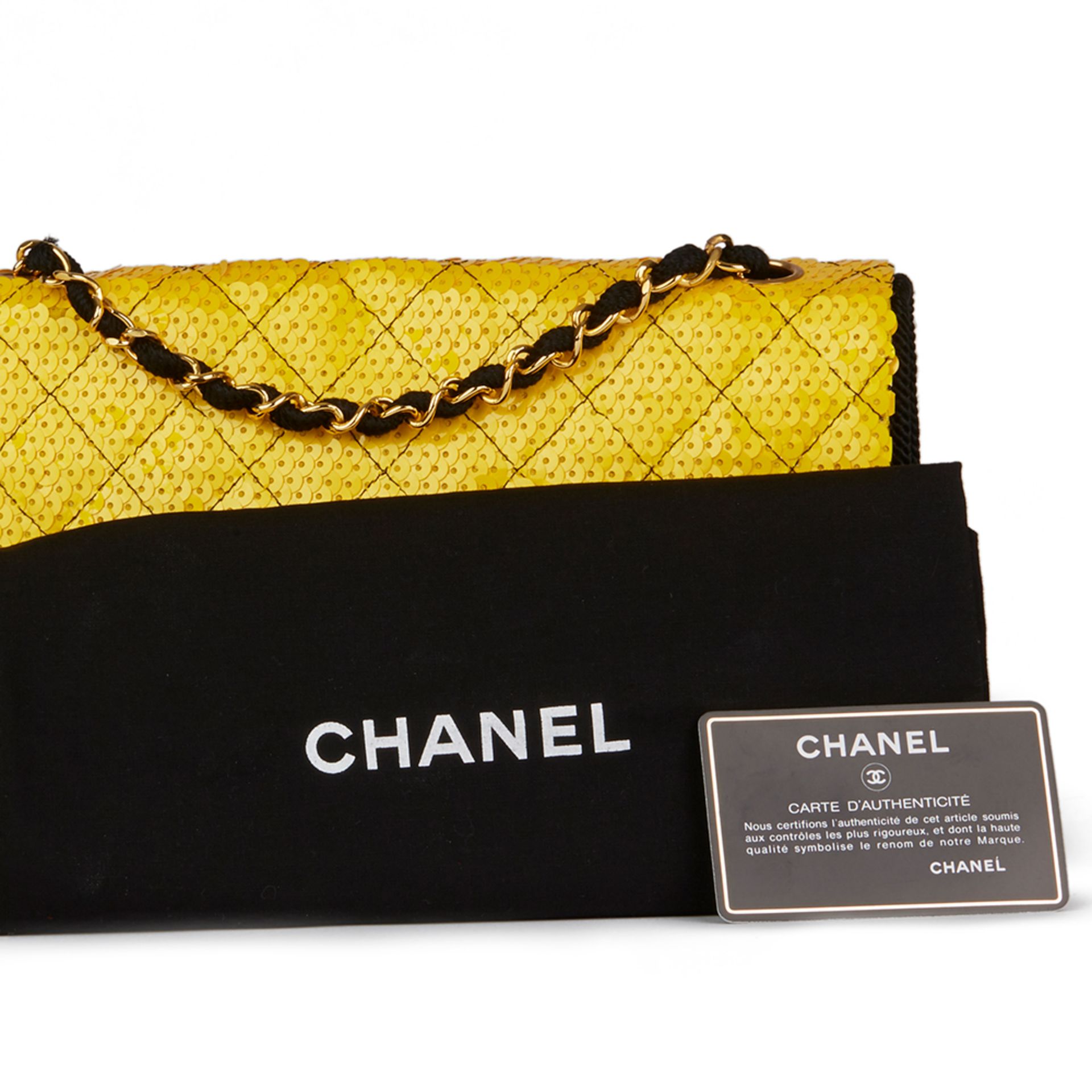 Chanel Yellow Quilted Sequin & Black Fabric Embellished Vintage Classic Single Flap Bag - Image 3 of 12