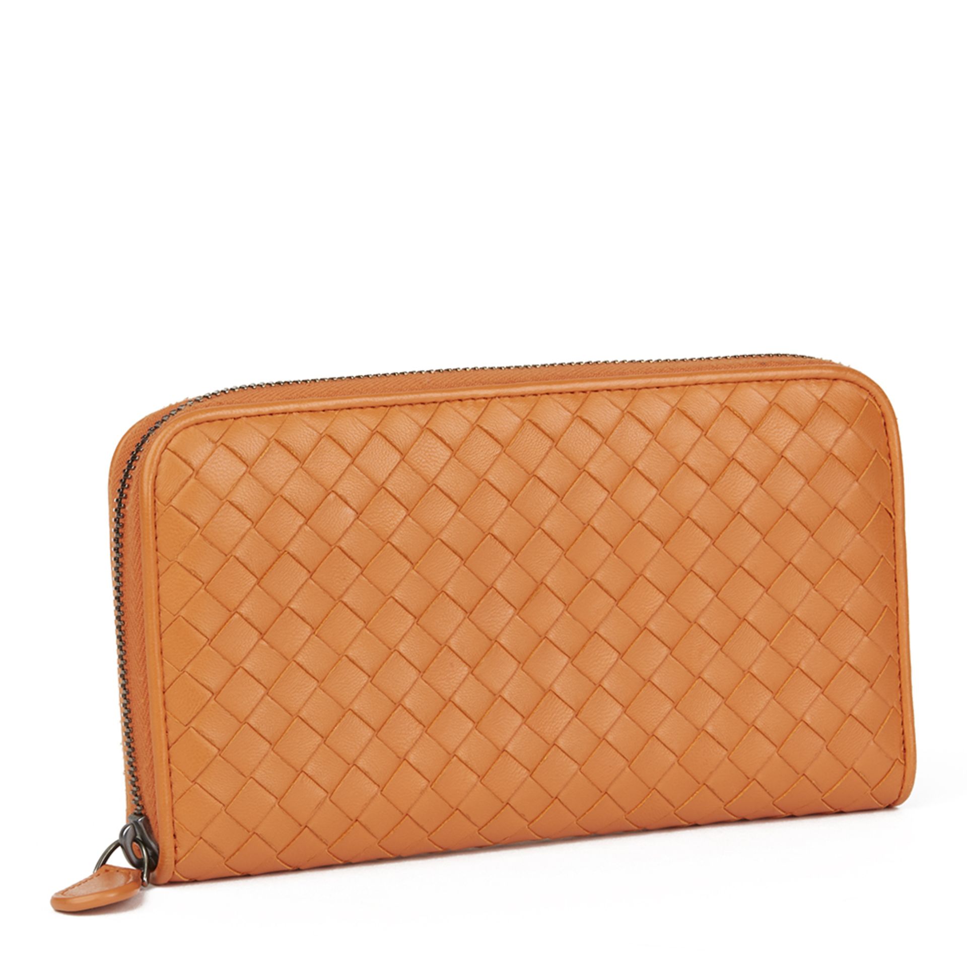 Bottega Veneta Orange Woven Calfskin Leather Zip Around Wallet - Image 8 of 10