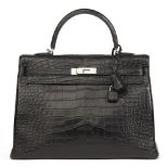 Black Matte Mississippiensis Alligator Leather Kelly 35cm Retourne