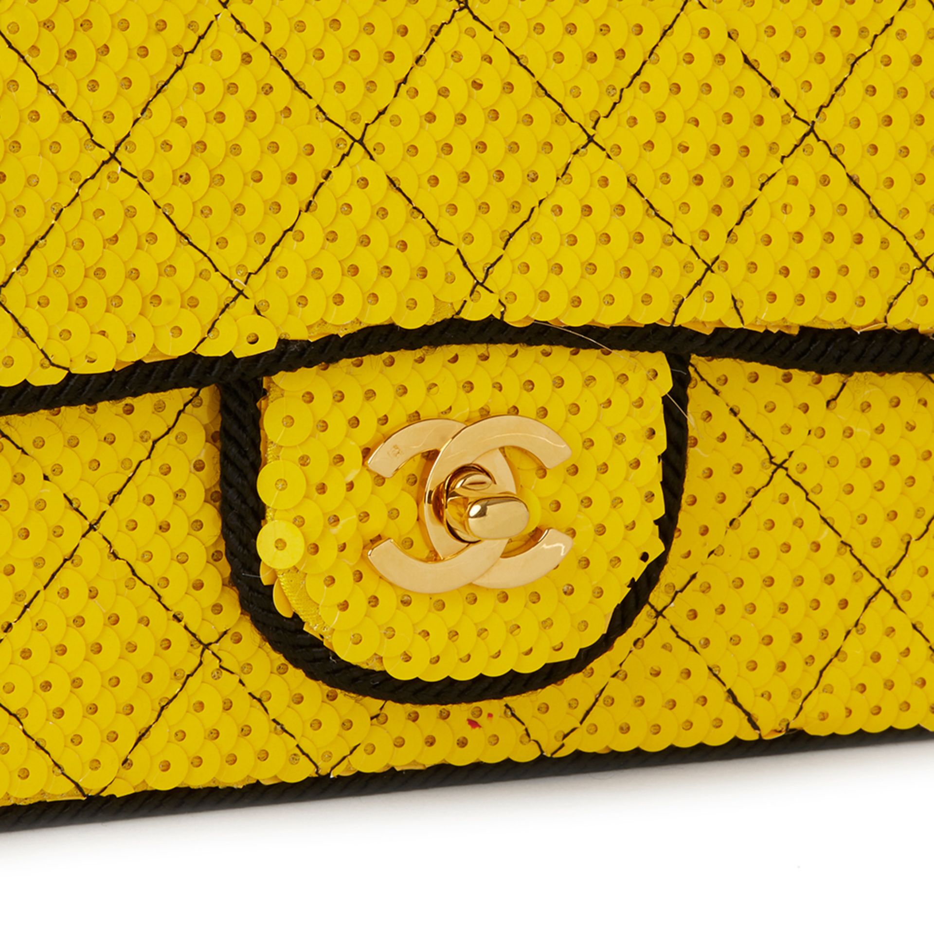 Chanel Yellow Quilted Sequin & Black Fabric Embellished Vintage Classic Single Flap Bag - Image 8 of 12