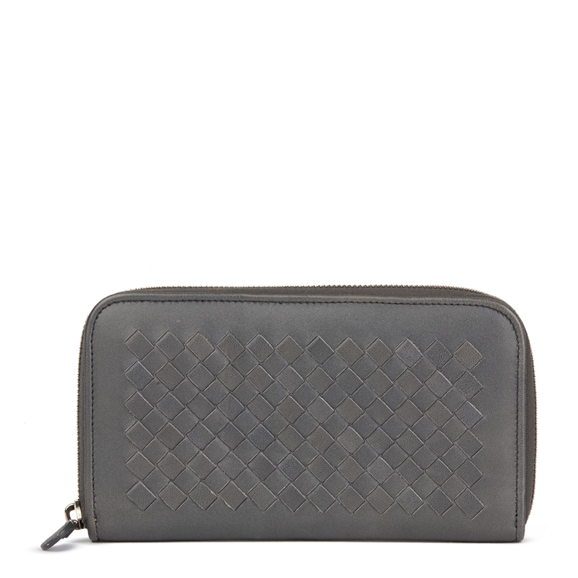 Bottega Veneta Grey Woven Lambskin Leather Zip Around Wallet