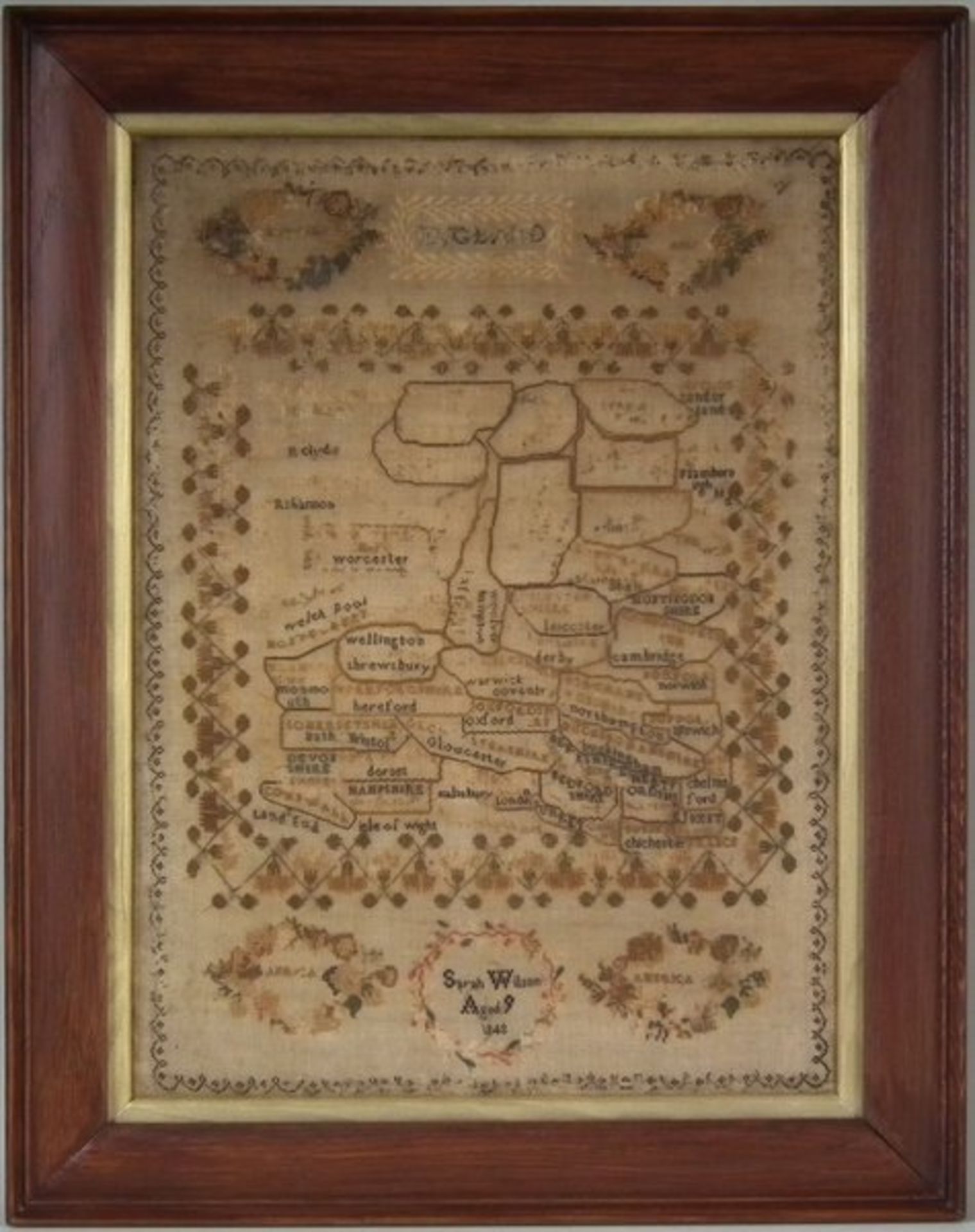 Antique Map Sampler, 1848, by Sarah Wilson