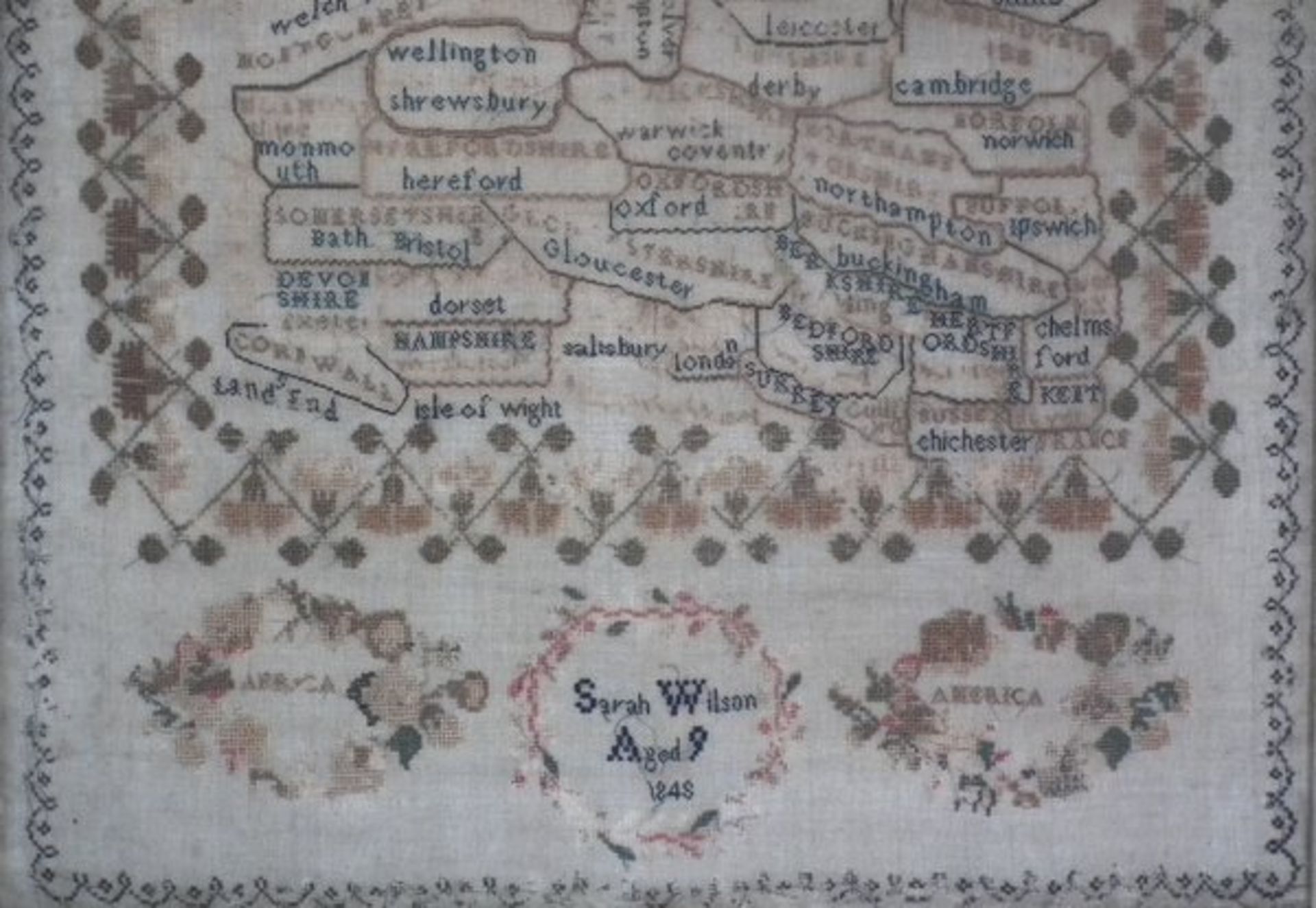 Antique Map Sampler, 1848, by Sarah Wilson - Image 3 of 9