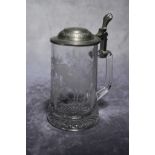 Vintage Etched Glass Elk Stein Glass Beer Stein With Pewter Lid