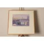 Water colour of night scene barber's shop. Indistinctly signed