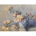 Dog Rose in Blue and white vase, watercolour by Ethel Hall (fl. 1894-1940)