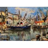 At Harbour signed oil by Hamish Lawrie, Scottish 1919 – 1987