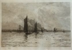 Last trickle of flood ,Thames signed etching by William Lionel Wyllie, Exhibited R.B.A, R.A