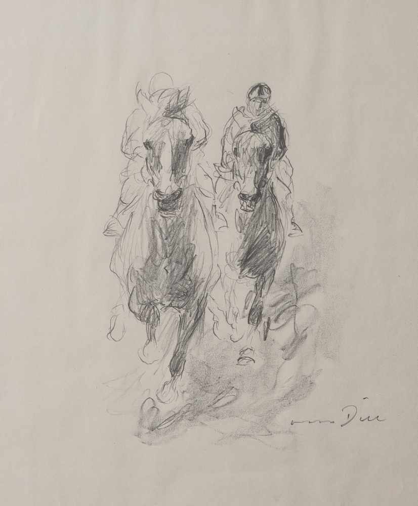 Dill, Otto (1894-1957), Pferderennen, Bleistiftzeichnung, handsigniert, zwei Pferde mitihren Reitern
