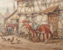 Luckhardt, Karl (1886-1970), Pferde vor der Schmiede, Öl/Platte, re. u. sign., ca. 23 x 29cm,