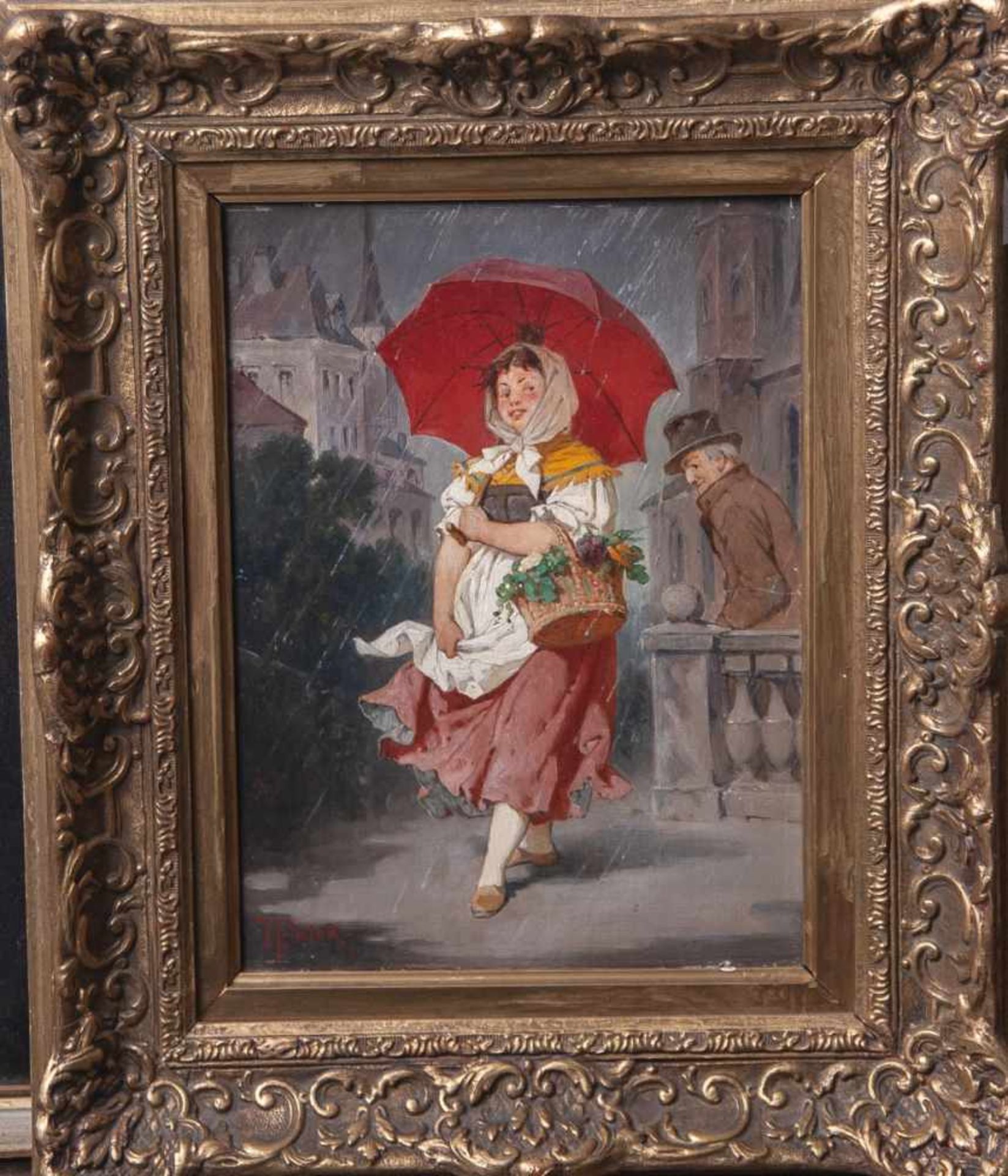 Patek, L. (19. Jahrhundert), Junge Blumenverkäuferin im Regen mit rotem Regenschirm,Öl/Holz, li.
