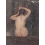 Unbekannter Künstler (19. Jahrhundert), Weiblicher Akt in Rückenansicht, sich vor einemSpiegel das