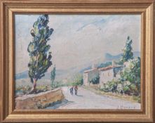 Hurard, Joseph (1887-1956), Landschaft in der Provence mit Dorfstraße u. figürl. Staffage,Öl/Karton,