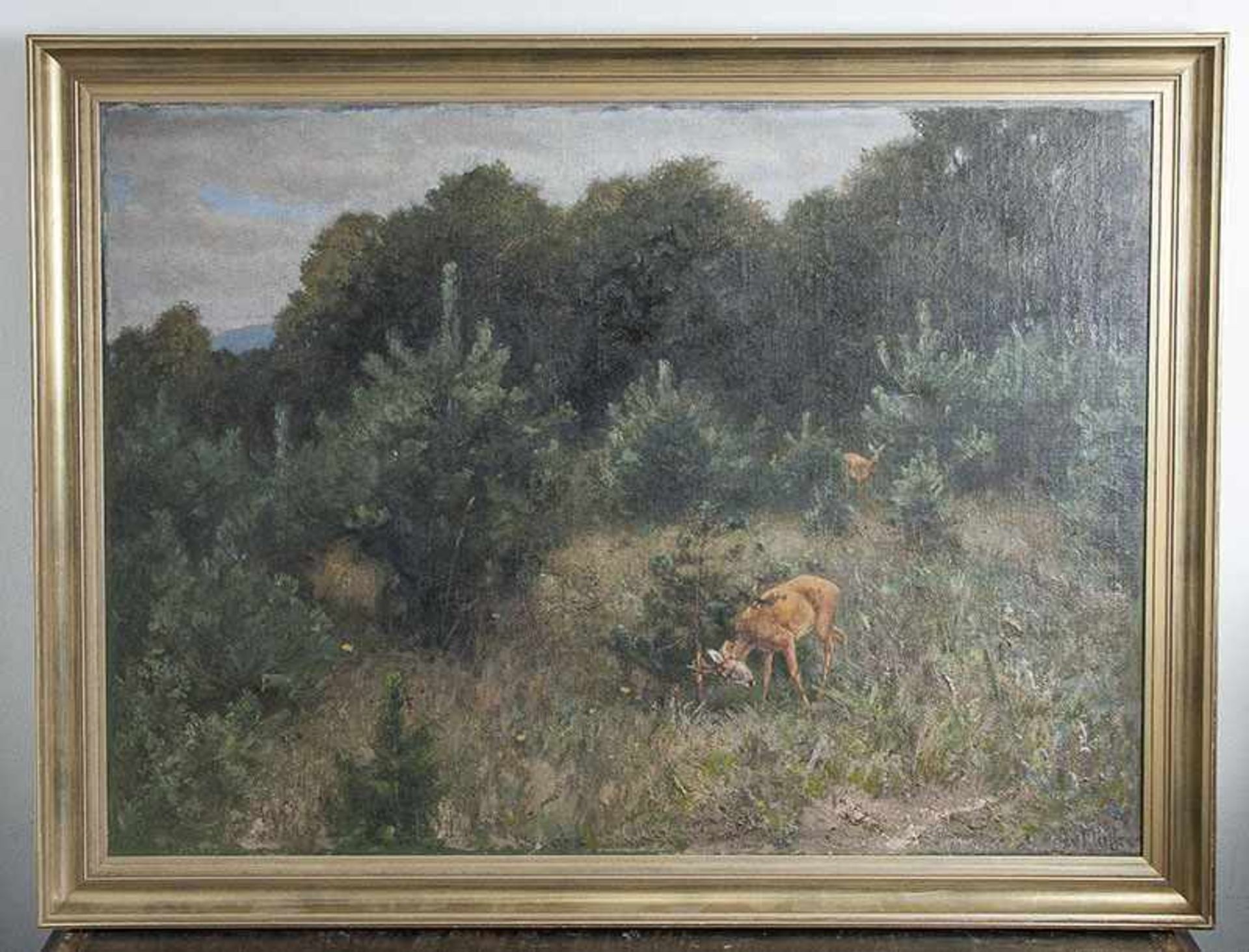 Maffei v., Guido (1838-1922), Rehe auf einer Waldlichtung, Öl/Lw, re. u. sign. Ca. 83,5 x112 cm,