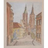 Stapel, Rudolf (geboren 1925), Blick auf den Breslauer Dom, Aquarell/Papier, auf Kartonaufgez.,