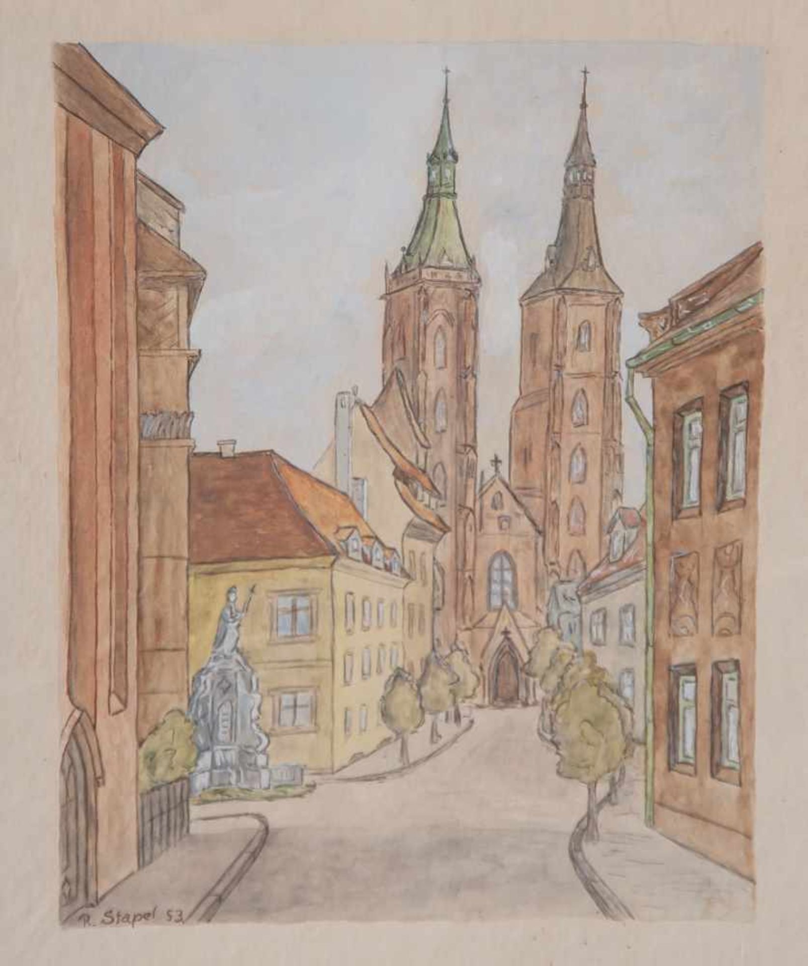 Stapel, Rudolf (geboren 1925), Blick auf den Breslauer Dom, Aquarell/Papier, auf Kartonaufgez.,