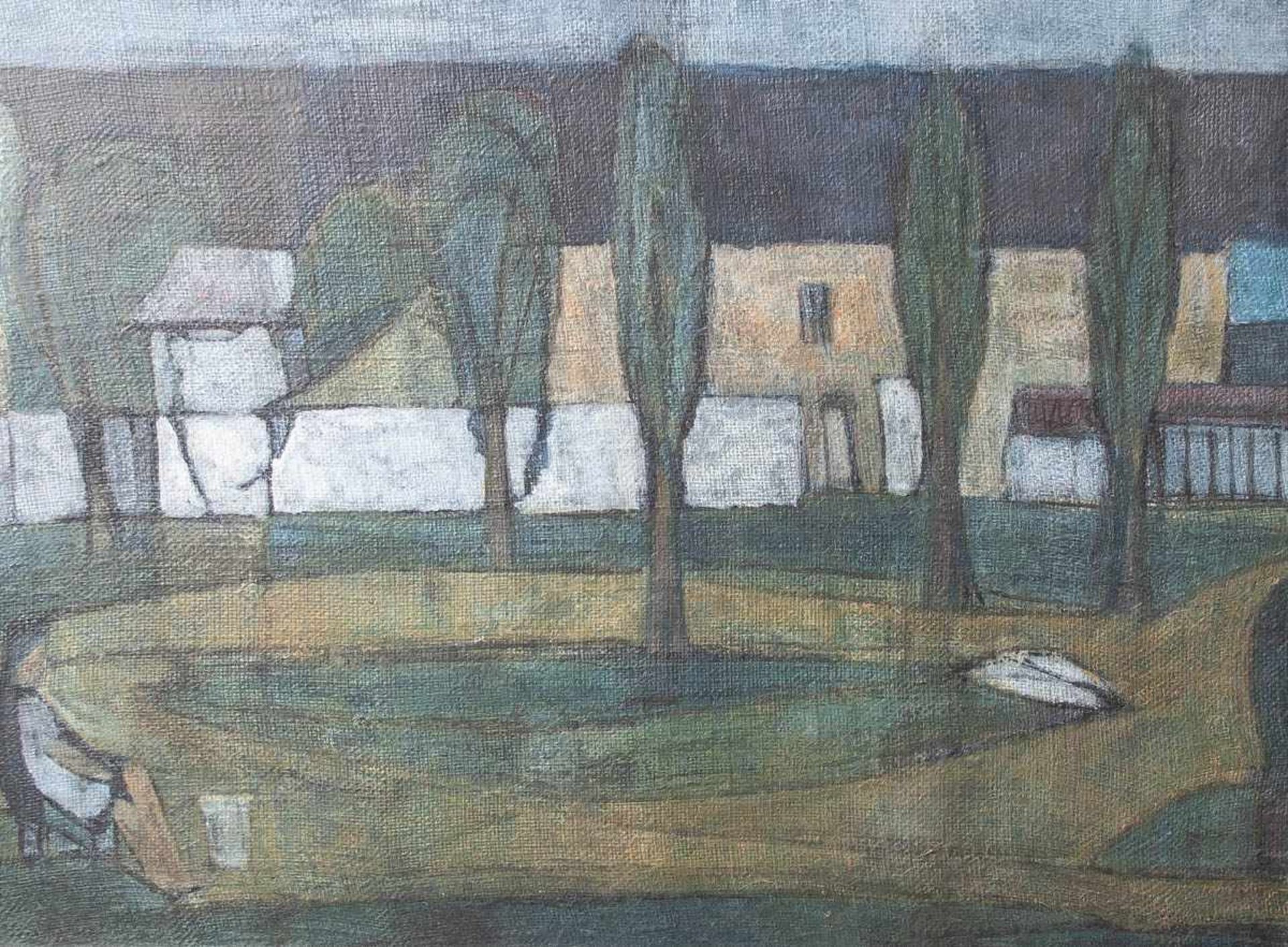 Unbekannter Maler (20. Jahrhundert), Allee mit Teich und figürlicher Staffage, imHintergrund