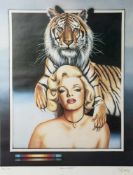 Plakat, Marylin Monroe mit Tiger, re. u. unleserl. sign. (wohl Dahl?), mittig unleserl.betitelt, re.