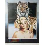 Plakat, Marylin Monroe mit Tiger, re. u. unleserl. sign. (wohl Dahl?), mittig unleserl.betitelt, re.