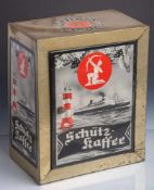 Ladendose aus Blech, Schütz Kaffee (1950/60er Jahre), farbig bedruckt, HochseedampferBremen u.