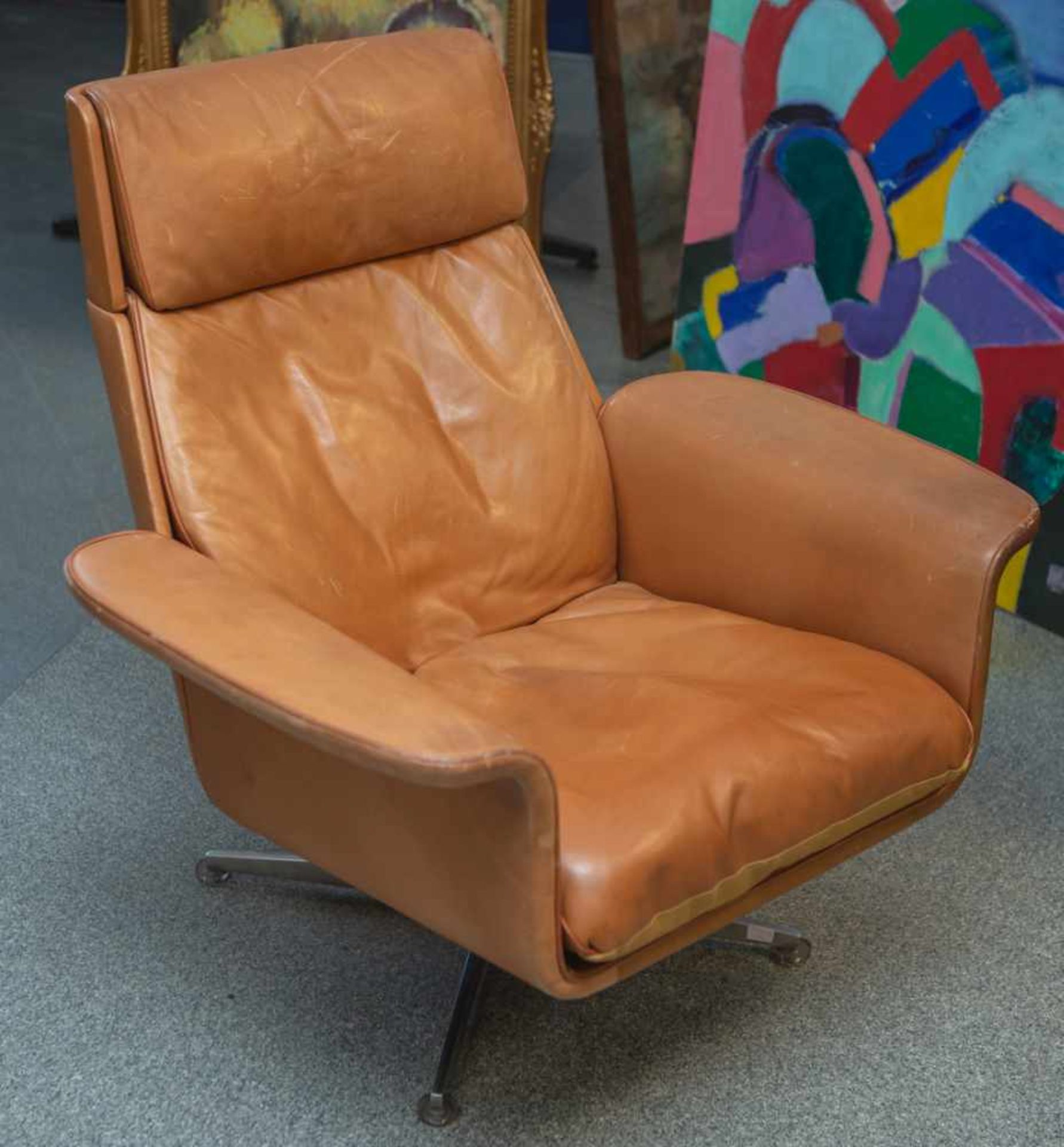 Retro-Design-Sessel, 1970er Jahre, rehbraunes Leder.