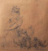 Altheim, Wilhelm (1871-1914), Mutter mit Kindern und Haushund, Bleistiftzeichnung/ Skizze,re. u.