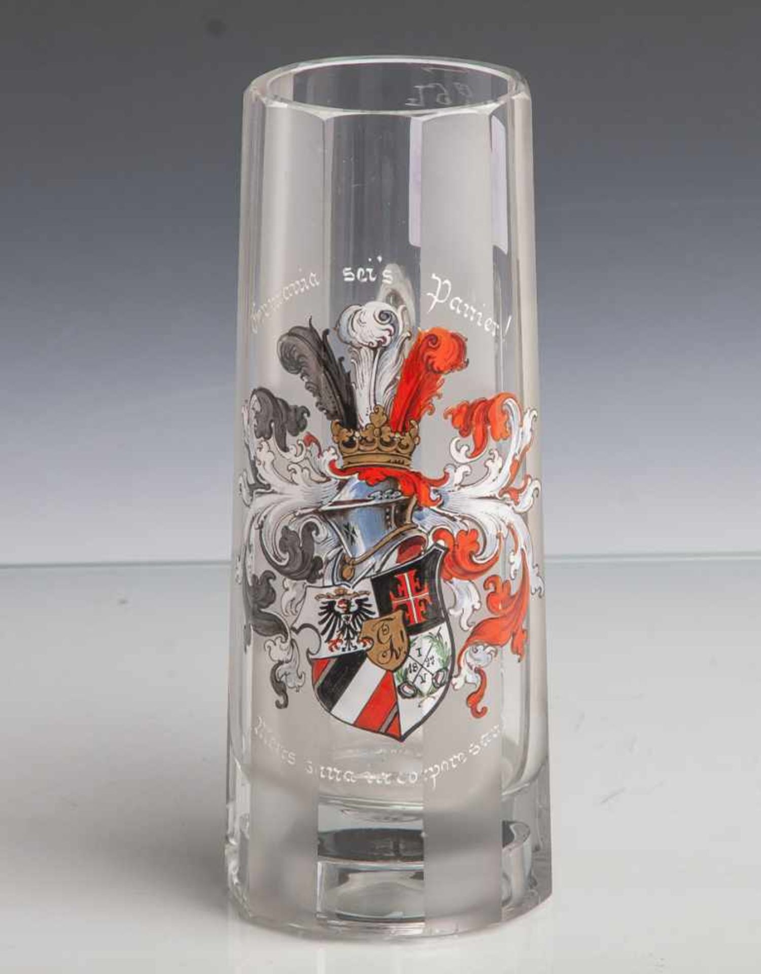 Humpen, klares Glas mit Facetten teils mattiert, auf der Schauseite in Emailfarbengemaltes - Bild 2 aus 2