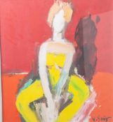 Grigore, Vasile (1935-2012), Colombina, Öl/Holz, in gelbem Gewand sitzende Frauengestaltvor rotem