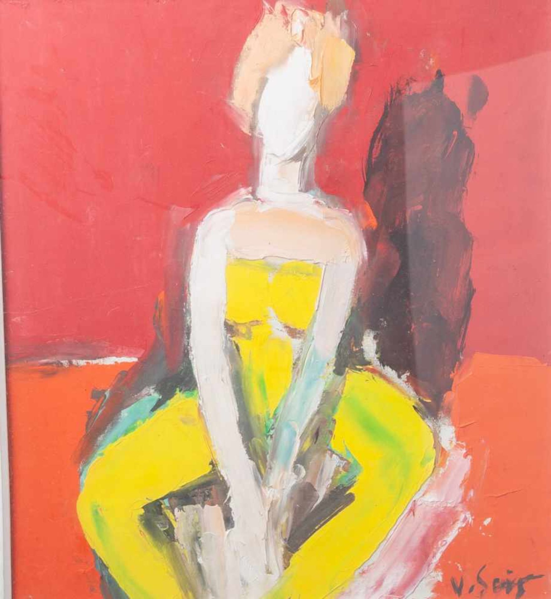 Grigore, Vasile (1935-2012), Colombina, Öl/Holz, in gelbem Gewand sitzende Frauengestaltvor rotem