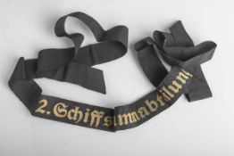 Original Marine-Mützenband, "2. Schiffsstammabteilung 2.", Stickerei, gold-matt, L. ca.153 cm.