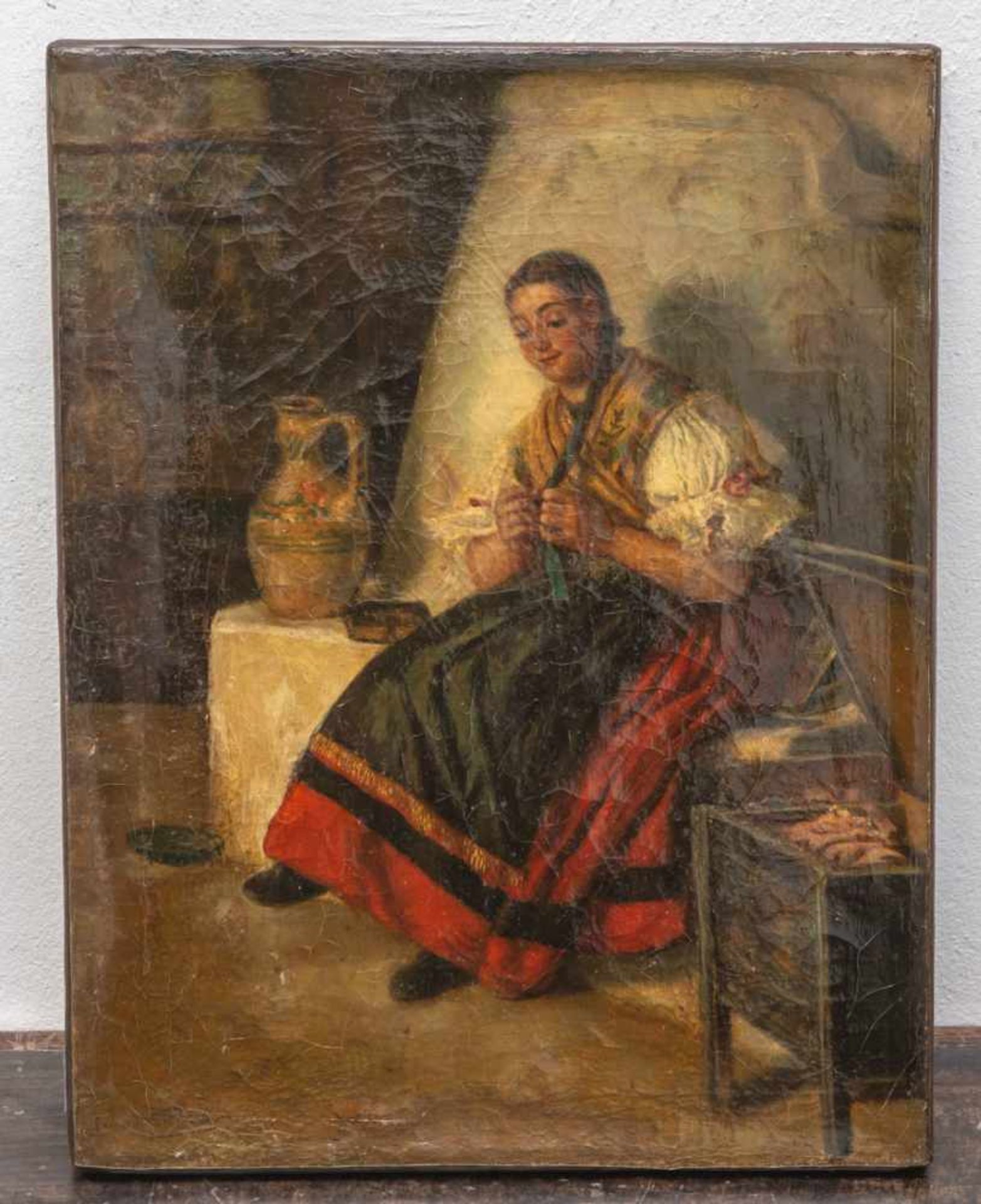 Müller, Leopold Carl (1834-1892), junges Mädchen vor einem gemauerten Ofen auf einer Banksitzend,