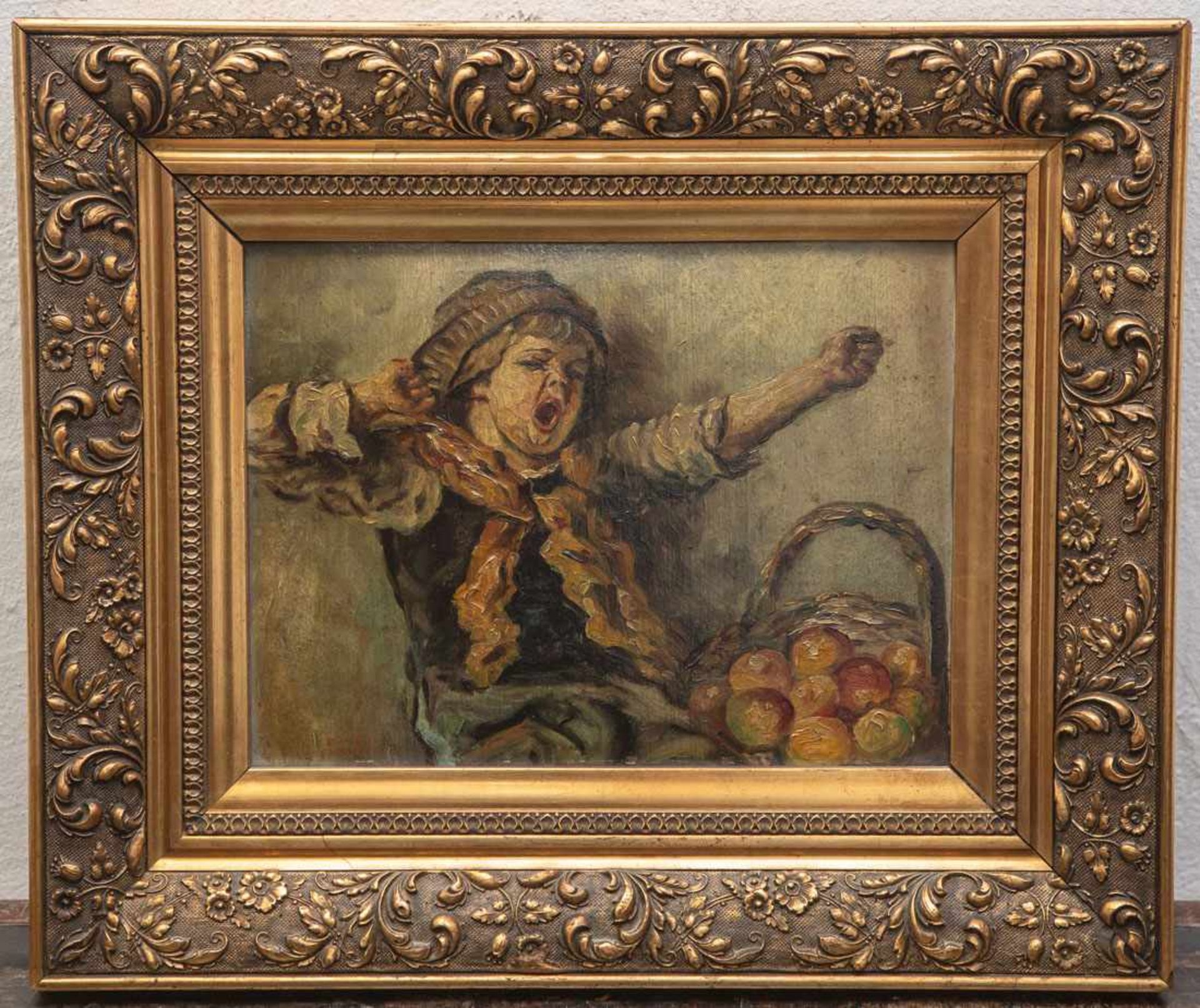 Unbekannter Maler (20. Jahrhundert), Gähnender Junge mit Apfelkorb, Öl/Malkarton, li. u.unleserl.