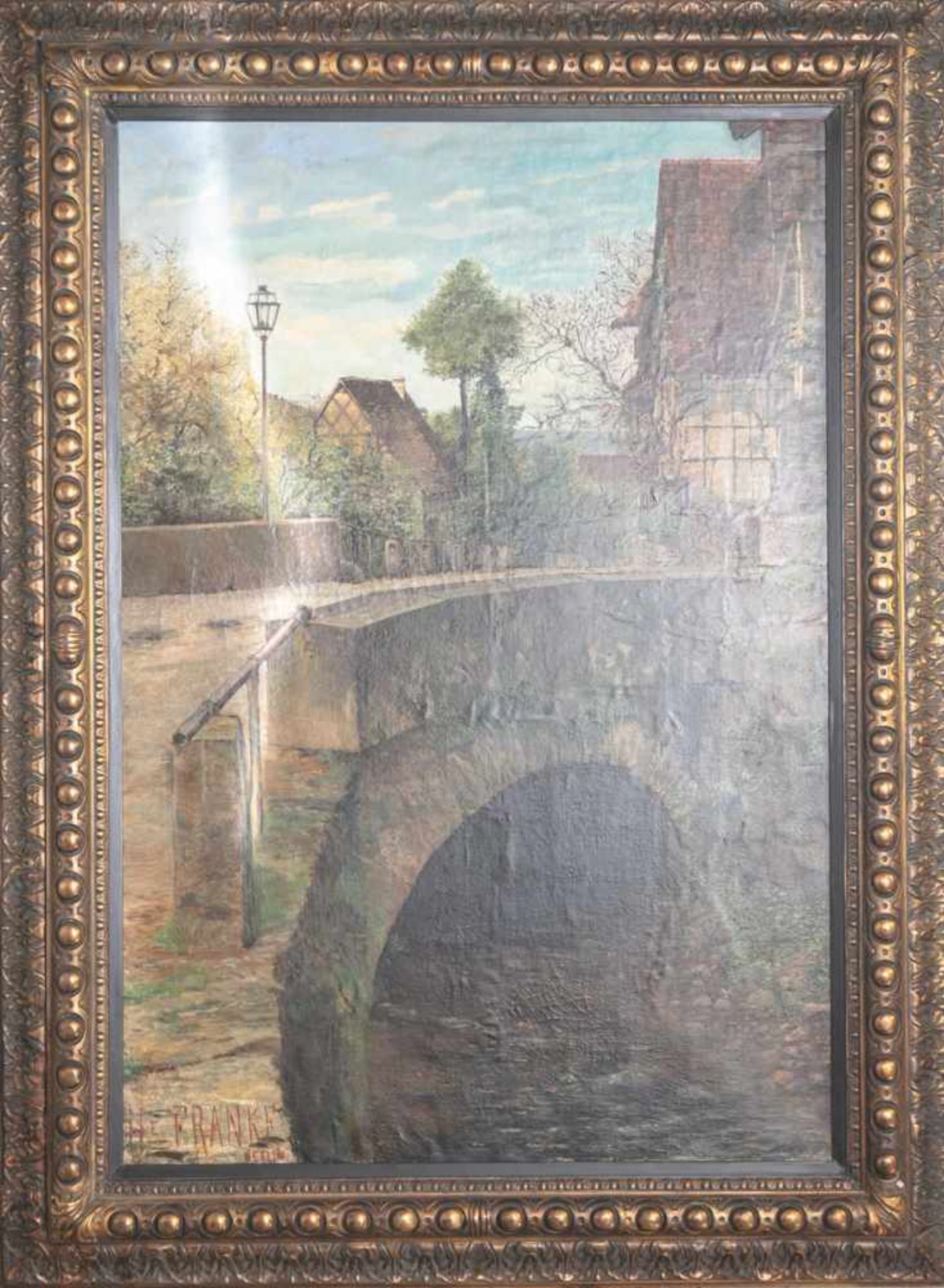 Franke, H. (19./20. Jahrhundert), Dorfansicht mit Steinbrücke über einen Bach. Öl/Lw., li.u. sign.