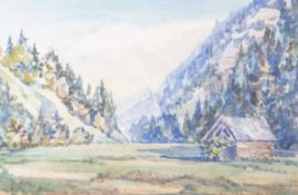 Mumbächer, Heinz (20. Jahrhundert), Alpine Landschaft mit Berghütte, Aquarell, re. u.sign. u.