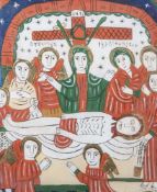 Hinterglasikone "Grablegung Christi", Rumänien, in den FarbenRot, Grün und Blau sowie mit