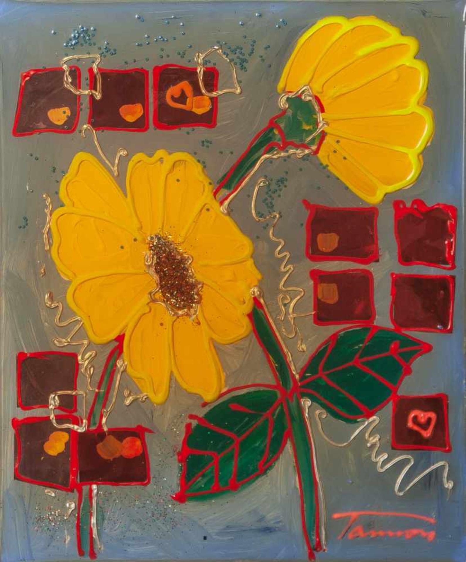 Tannous, Jean (geboren 1946), Zwei Gelbe Blumen, Epoxidharzbeschichtete Mixed-MediaKomposition auf