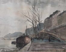 Lelfau, F. Basile (20. Jahrhundert), Pariser Seine-Ansicht, Aquarell und Kohle, re. u.sign., ca.