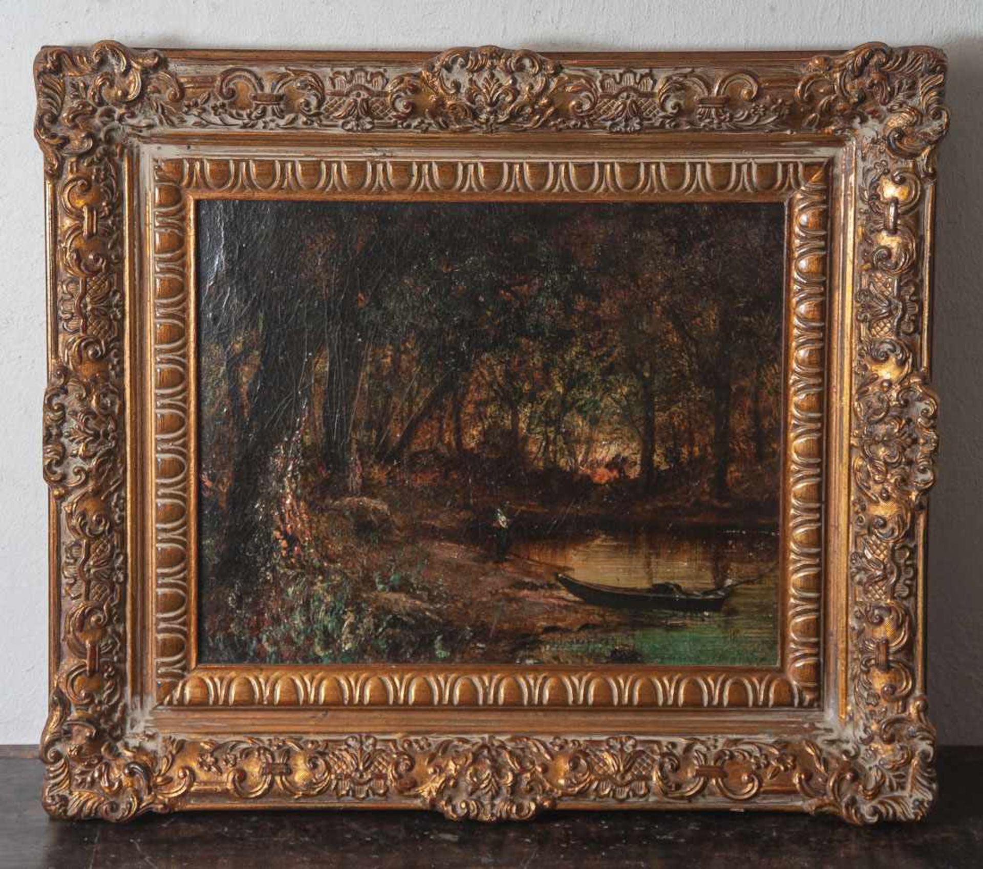 Unbekannter Maler, Waldlandschaft mit Teich, darauf ein Fischerboot u. ein Angler am Ufer,Öl/