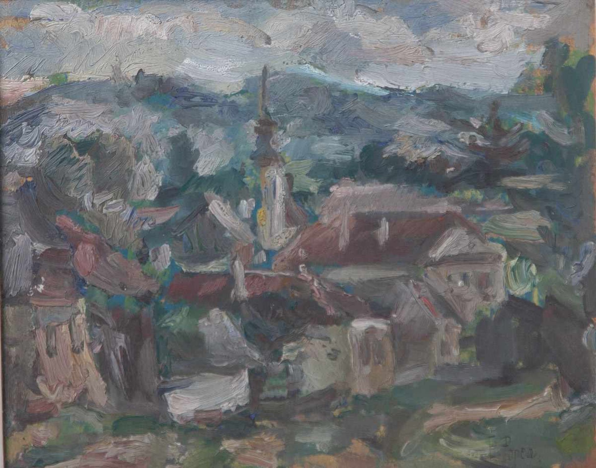 Popea, Elena (1885-1941), Bergige Landschaft mit Dorfansicht, Öl/Malkarton, re. u. sign.,ca. 19 x