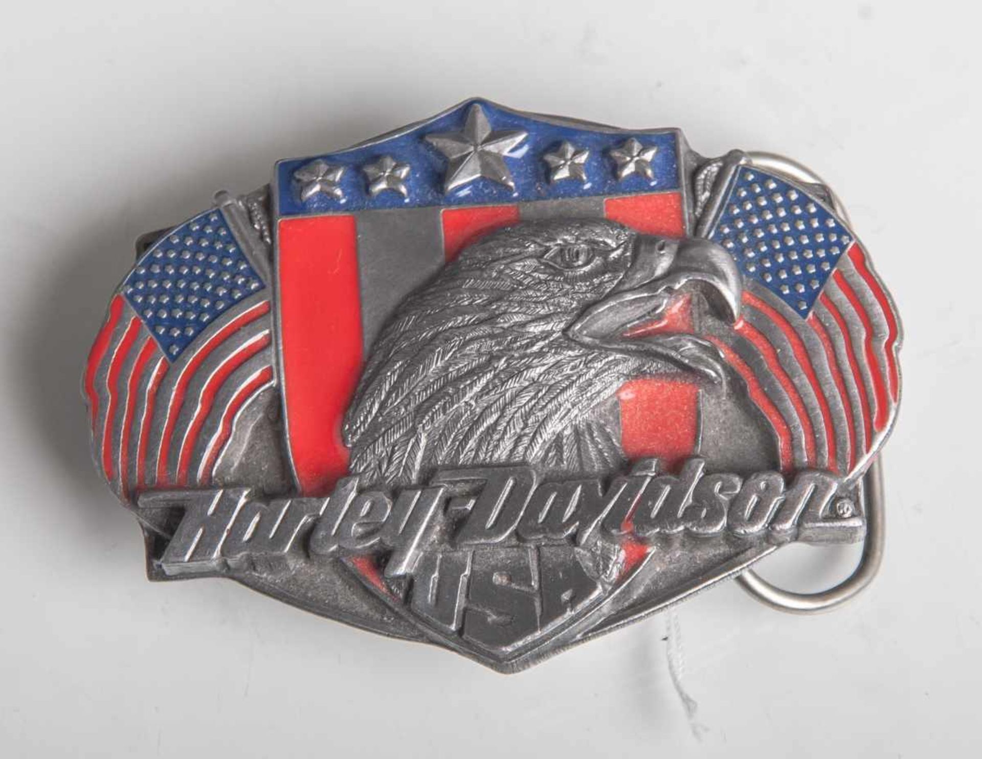 Originale Gürtelschnalle aus Metall "Harley Davidson USA", um 1989. Buckle Co. Inc.,Williams,