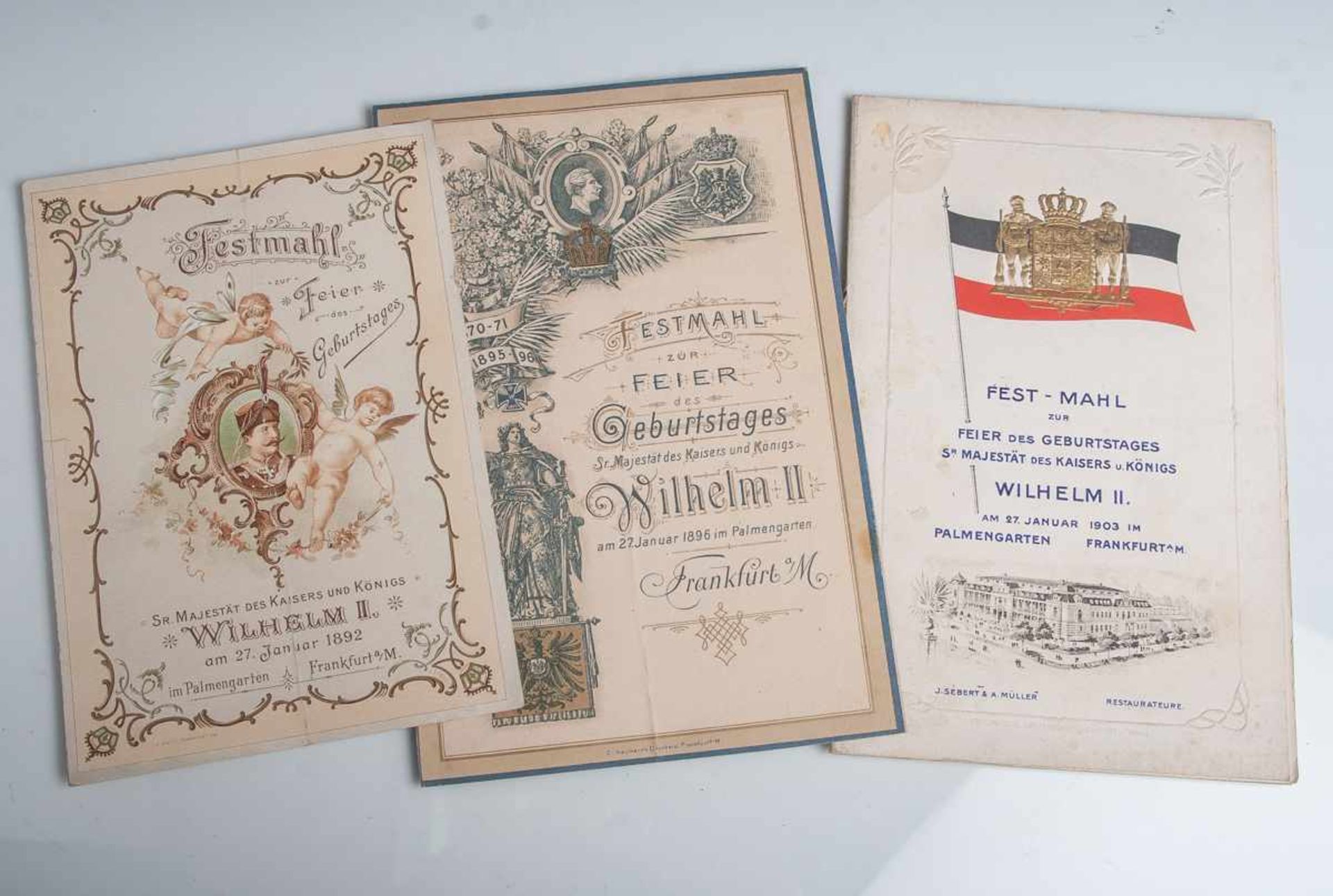 3 versch. Menükarten zur Geburtstagsfeier Kaiser Wilhelm II. (um 1900), Frankfurt a. M.,Palmengarten