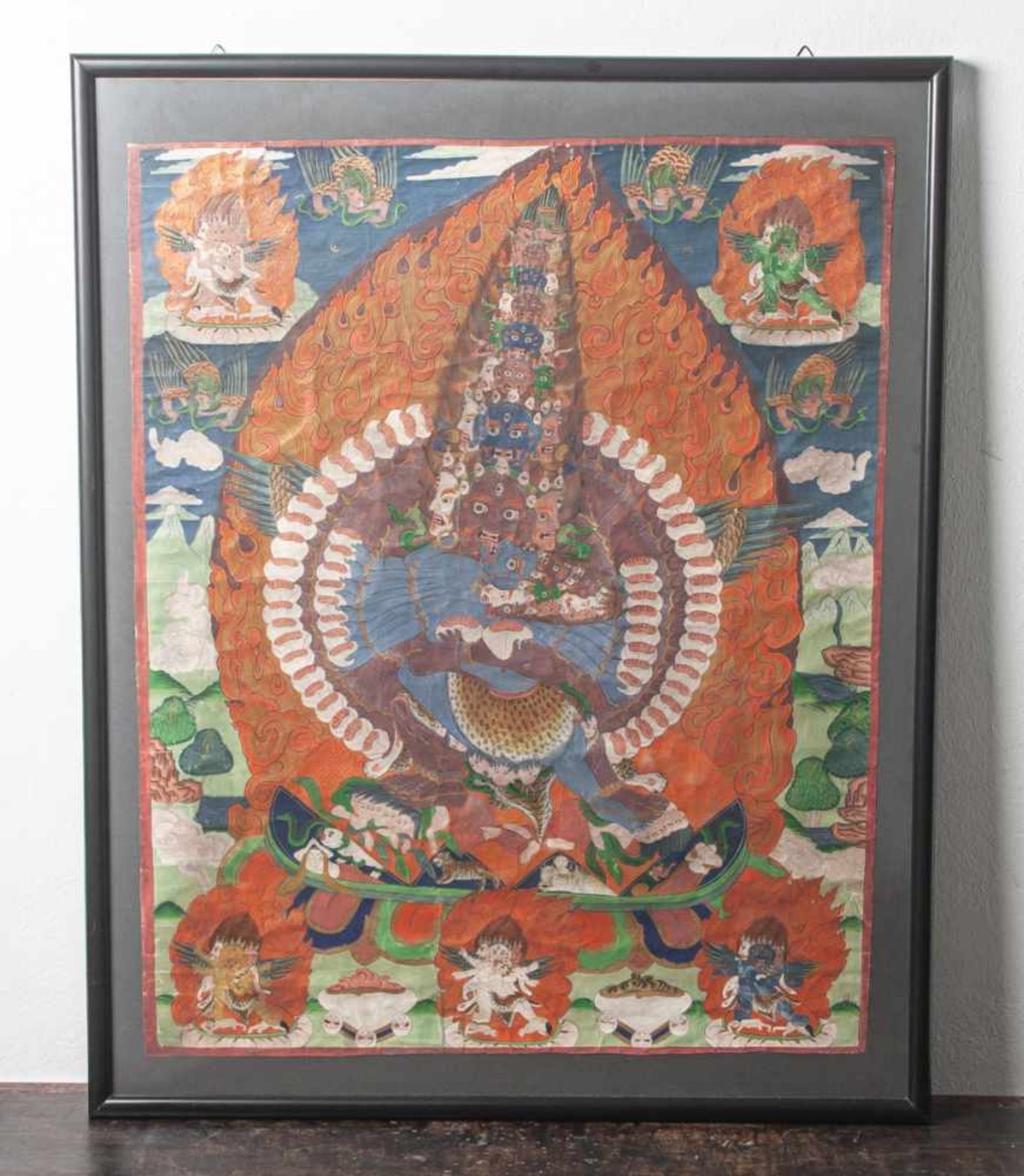 Tangka (Tibet, Indien), Rollbild mit Darstellung der Schutzgottheiten, Pergament,Blattgröße ca. 78 x