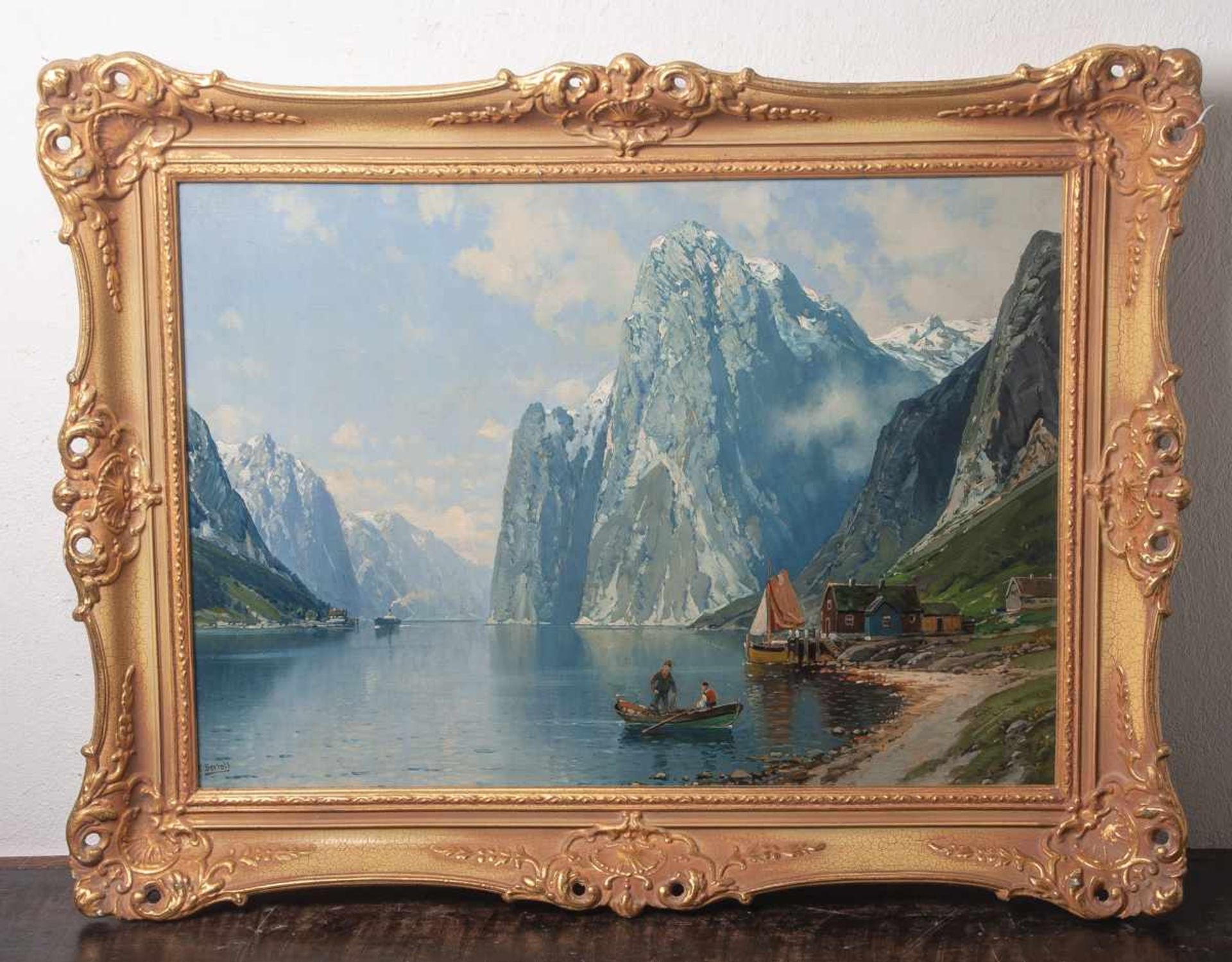 Carl Bertold (1870 - ?), Fjord-Landschaft im Sonnenlicht (wohl Anfang des 20.Jahrhunderts), Öl/