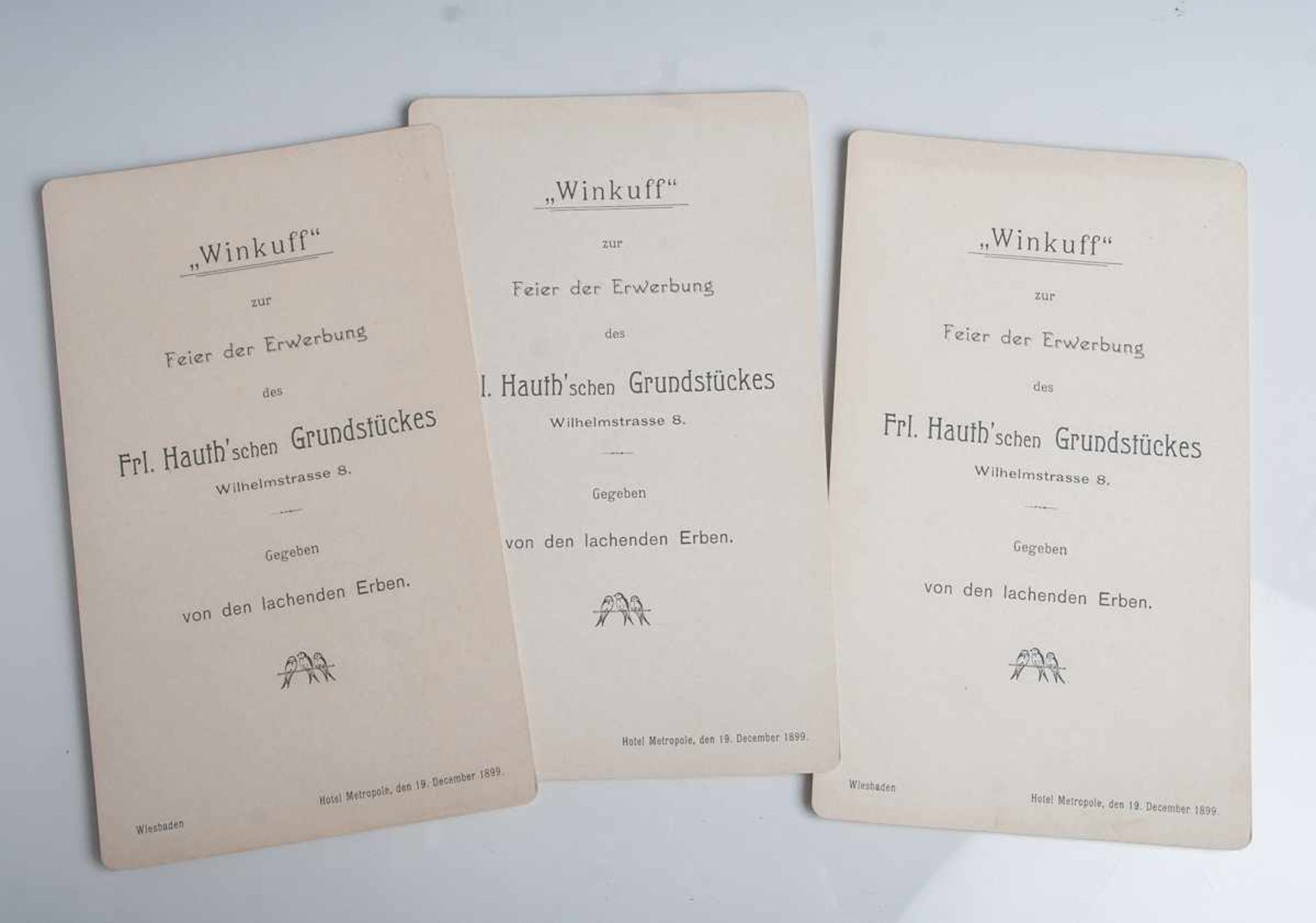 3 Menükarten (1899), Wiesbaden, Hotel Metropole, "Winkuff" Feier zur Erwerbung des Frl.Hauth'schen
