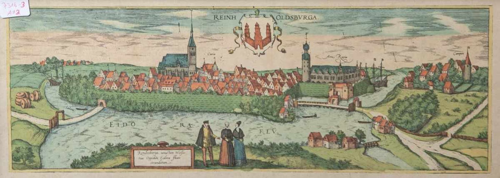 Ansicht von "Reinholdsburga" (um 1600), altkolorierter Kupferstich, ca. 20 x 52 cm, hinterGlas