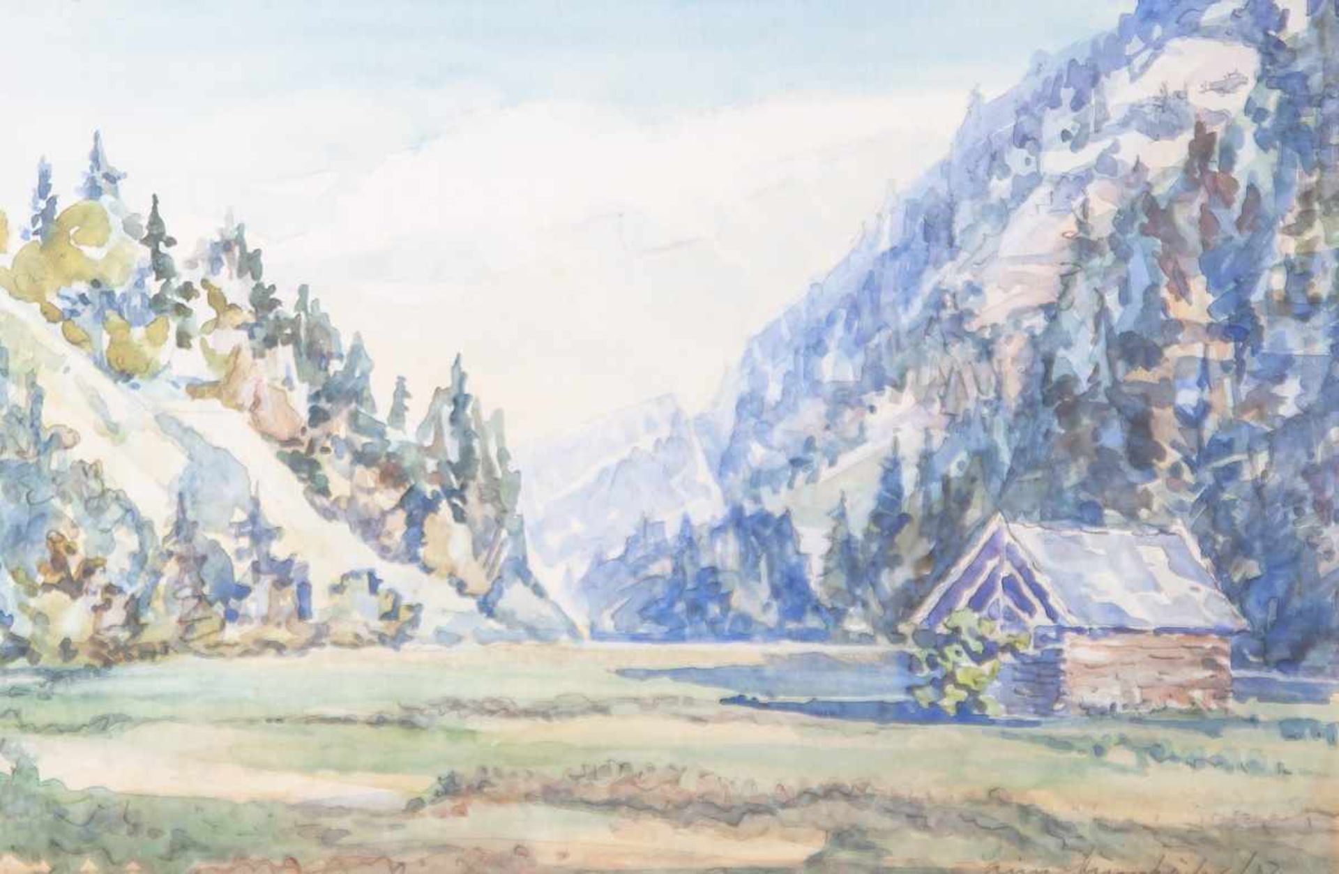 Mumbächer, Heinz (20. Jahrhundert), Alpine Landschaft m. Berghütte, Aquarell, re. u. sign.u. dat. (