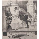 Reinicke, René (1860-1926), 2 Darst. auf einem Blatt: junge Dame vor Klavier sitzend mitVerehrer