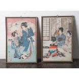 2 Farbholzschnitte (Japan, wohl 18./19. Jahrhundert), Geisha-Darst., 1x signiert u. bez.,je ca. 34,5