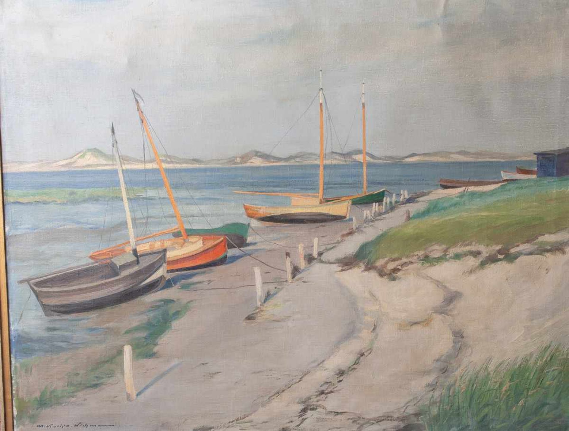 Köcke-Wichmann, Max (1889 - 1962), Wanderweg. Boote am Meer, Öl/Lw., li. u. sign., Rs.bez., ca. 68 x