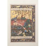 Miniaturmalerei (wohl Persien), Darstellung einer Jagd, polychrome Malerei m. Gold/Papier,